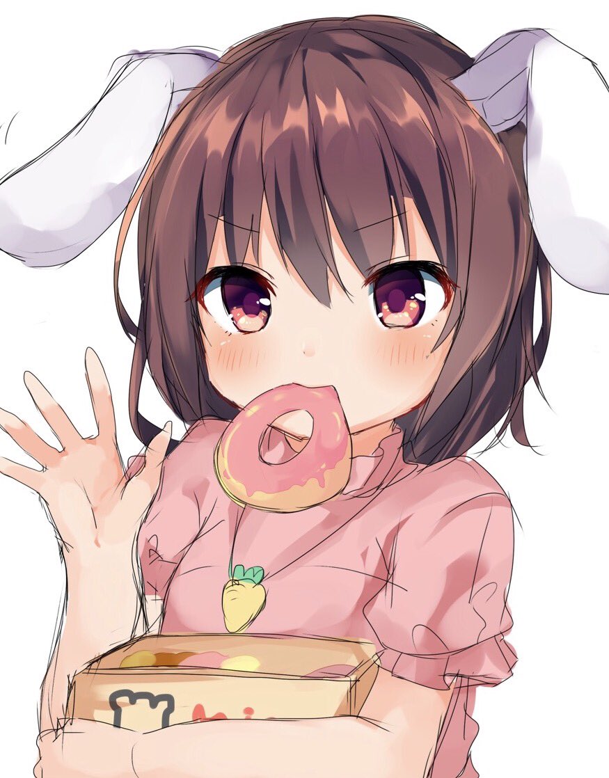 1girl animal_ears bangs blush brown_eyes brown_hair carrot_necklace commentary_request doughnut eyebrows_visible_through_hair food food_in_mouth hair_between_eyes holding inaba_tewi karasusou_nano looking_at_viewer mouth_hold rabbit_ears short_hair short_sleeves simple_background solo touhou upper_body white_background