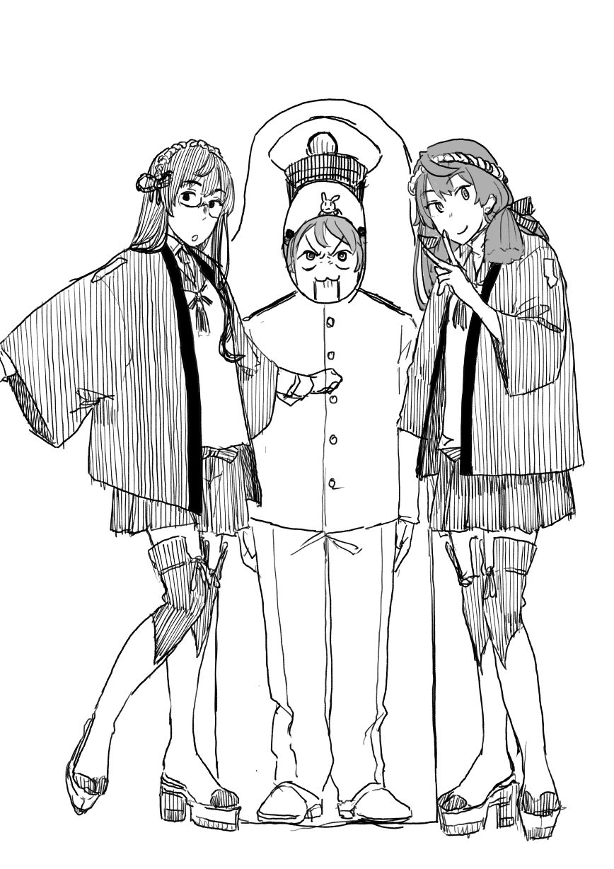 10s 3girls :o admiral_(kantai_collection) akashi_(kantai_collection) animal animal_on_head bunny_on_head glasses greyscale hair_ornament happi headband highres japanese_clothes kantai_collection ken_sogen monochrome multiple_girls necktie on_head ooyodo_(kantai_collection) open_mouth rabbit ribbon sazanami_(kantai_collection) semi-rimless_glasses smile standing standing_on_one_leg v