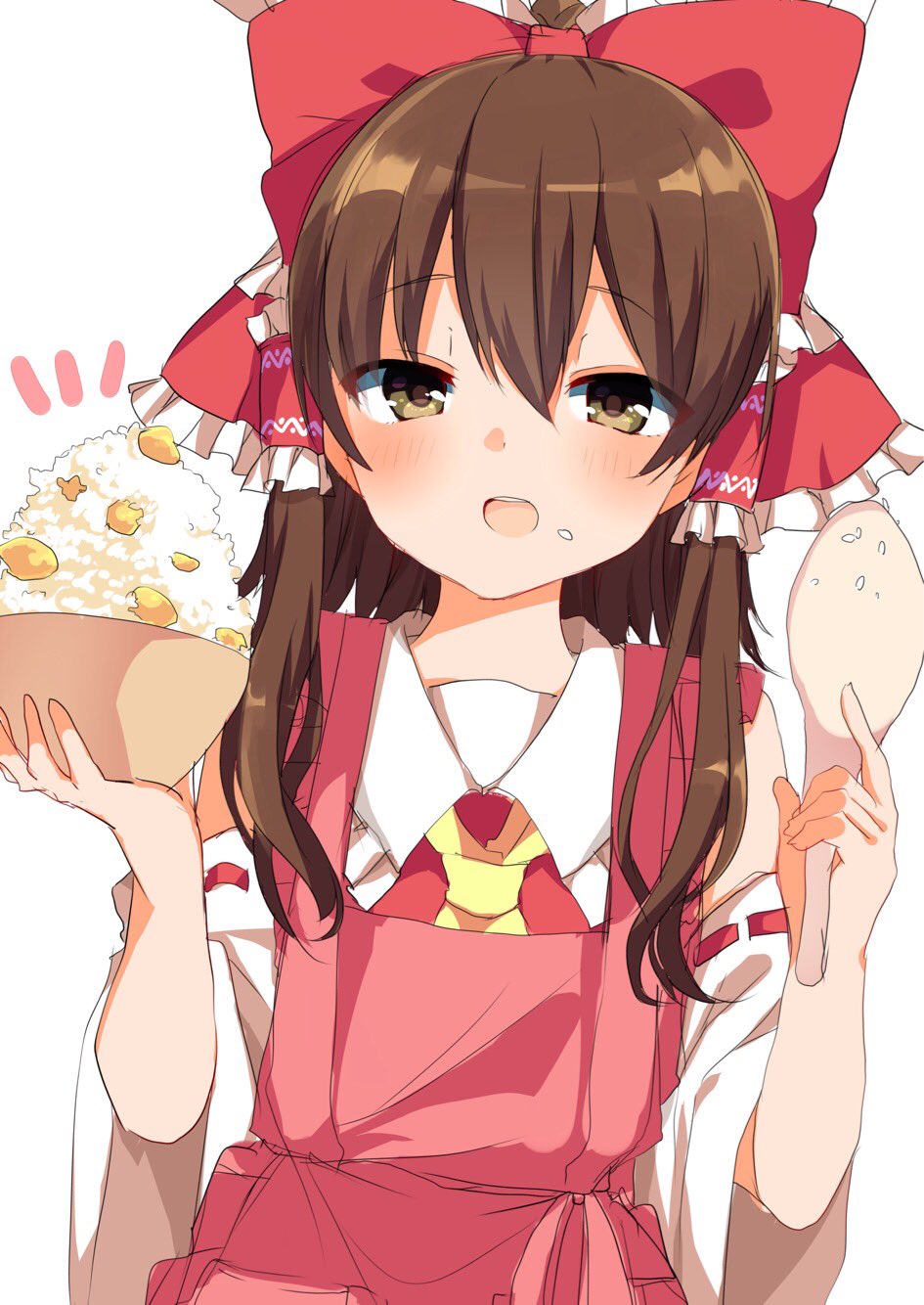 1girl apron ascot bangs blush bow bowl brown_eyes brown_hair commentary_request detached_sleeves eyebrows_visible_through_hair food food_on_face hair_between_eyes hair_bow hair_tubes hakurei_reimu highres holding holding_bowl karasusou_nano looking_at_viewer open_mouth pink_apron red_bow ribbon-trimmed_sleeves ribbon_trim rice rice_on_face sidelocks simple_background solo touhou upper_body white_background wide_sleeves