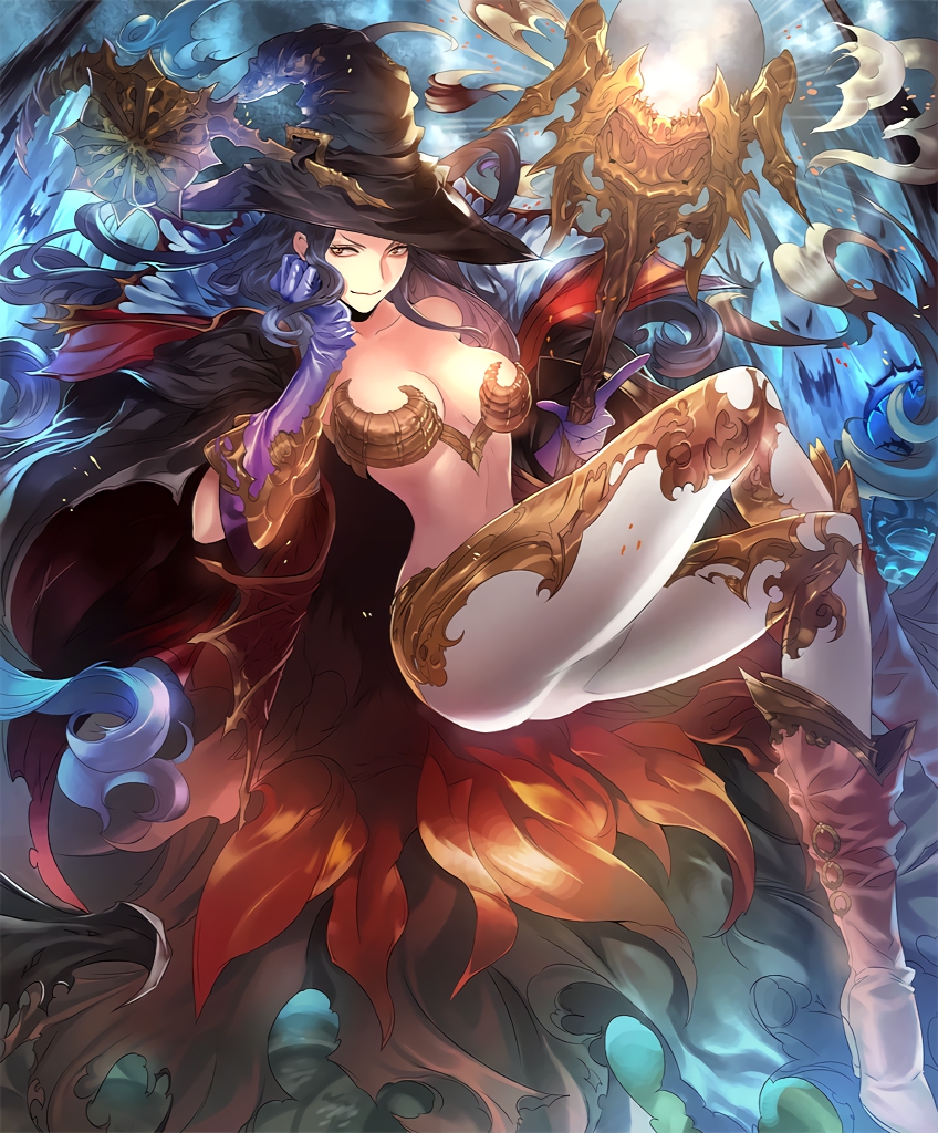 10s 1girl artist_request blue_hair breasts cape cygames distaster_witch gloves hand_on_own_face hat long_hair midriff official_art red_eyes revealing_clothes shadowverse shingeki_no_bahamut staff witch witch_hat