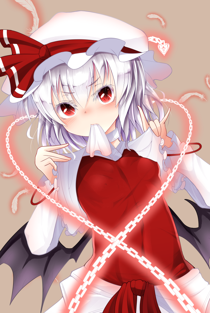 1girl \m/ bat_wings blush breasts brown_background chains doburoku_(daiginjou) erect_nipples eyebrows_visible_through_hair fang feathers hair_between_eyes hat hat_ribbon lavender_hair long_sleeves looking_at_viewer mob_cap mouth_hold red_eyes red_ribbon red_shirt remilia_scarlet ribbon shirt small_breasts solo touhou upper_body white_hat wings