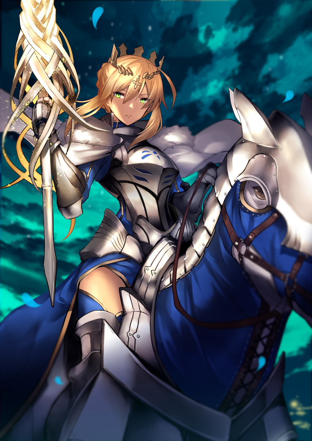 1girl ahoge armor artoria_pendragon_(all) artoria_pendragon_(lancer) blonde_hair braid breasts cape cleavage crown dun_stallion fate/grand_order fate_(series) fur_trim gauntlets green_eyes hair_between_eyes highres karlwolf long_hair looking_at_viewer rhongomyniad sidelocks solo weapon