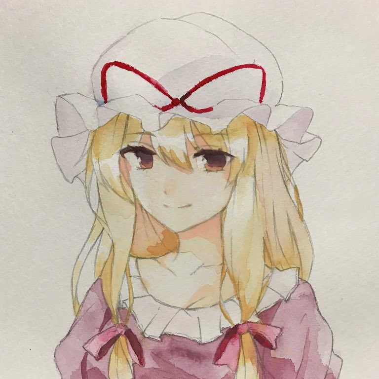 1girl blonde_hair blush commentary dress hat long_hair mob_cap orange_hair smile solo touhou traditional_media watercolor_(medium) yakumo_yukari yururi_nano