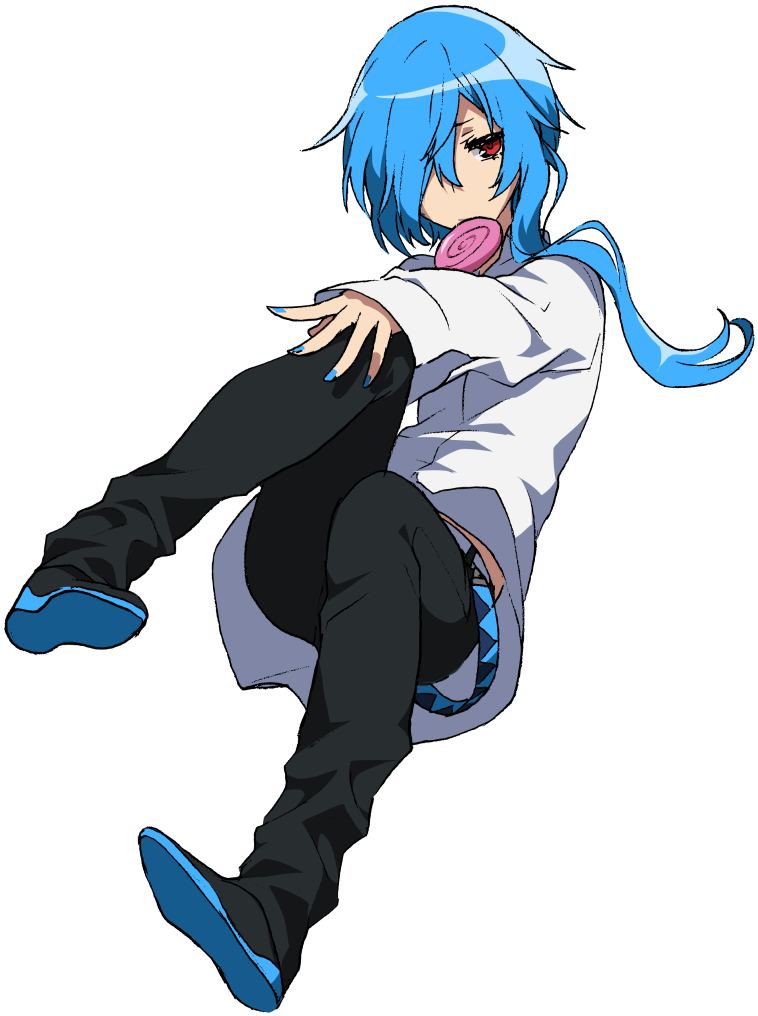 1girl blue_hair blue_nails candy floating food full_body hair_over_one_eye lollipop matsuda_toki matsudappoine nail_polish official_art pants red_eyes short_hair_with_long_locks solo transparent_background utau