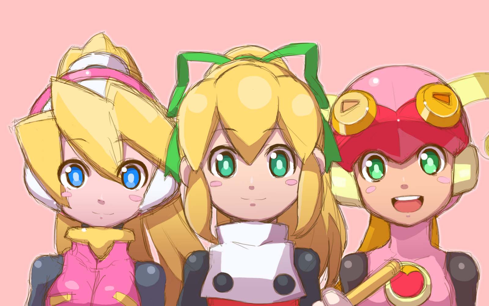 3girls bangs blonde_hair blue_eyes blush capcom ciel_(rockman) eyebrows_visible_through_hair green_eyes hair_between_eyes hair_ornament hair_ribbon headgear helmet high_ponytail highres multiple_girls open_mouth pink_background ponytail ribbon rockman rockman_(classic) rockman_exe rockman_zero roll roll_exe sidelocks simple_background smile teeth tonami_kanji trait_connection