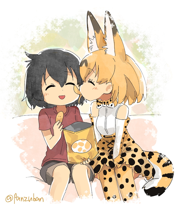 2girls animal_ears black_hair blush chips closed_eyes duck_face eating elbow_gloves food fur_collar gloves high-waist_skirt kaban_(kemono_friends) kemono_friends multiple_girls orange_hair panzuban potato_chips print_bowtie print_gloves print_legwear print_skirt red_shirt serval_(kemono_friends) serval_ears serval_print serval_tail shirt short_hair shorts skirt sleeveless sleeveless_shirt striped_tail tail twitter_username