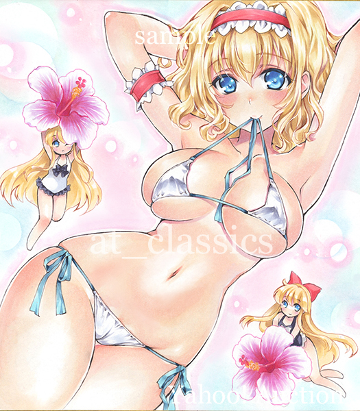 3girls alice_margatroid arm_garter arms_behind_head arms_up artist_name at_classics bangs bikini black_bow blonde_hair blue_eyes blush bow breasts closed_mouth erect_nipples eyebrows_visible_through_hair flower hair_between_eyes hair_bow hairband holding holding_flower large_breasts long_hair looking_at_viewer micro_bikini mouth_hold multiple_girls navel one-piece_swimsuit one_eye_closed red_bow sample shanghai_doll short_hair side-tie_bikini sidelocks skindentation smile swimsuit touhou traditional_media watermark