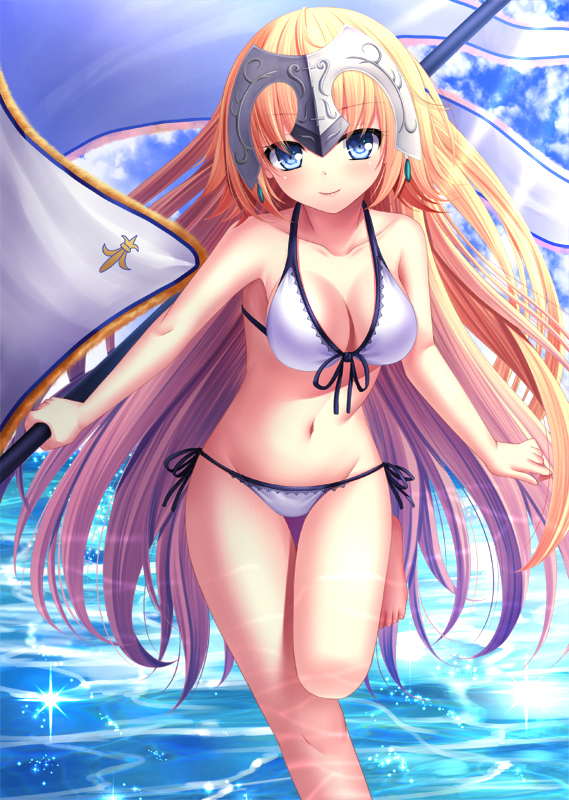 1girl banner barefoot bikini blonde_hair blue_eyes breasts cleavage collarbone day eyebrows_visible_through_hair fate/apocrypha fate_(series) floating_hair groin holding holding_weapon large_breasts long_hair looking_at_viewer navel one_leg_raised outdoors ruler_(fate/apocrypha) side-tie_bikini smile solo standing standing_on_one_leg swimsuit toshi_(1-147) very_long_hair water weapon white_bikini