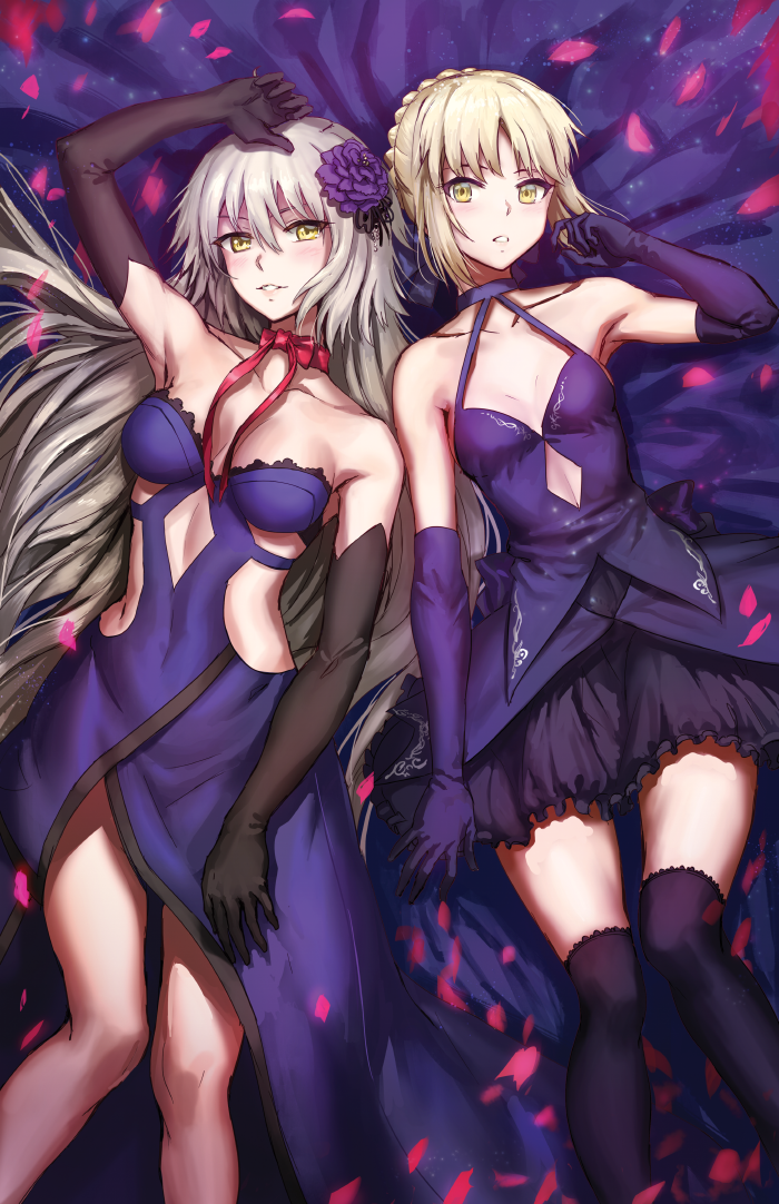 2girls armpits artoria_pendragon_(all) athenawyrm bangs bare_shoulders black_gloves black_legwear blonde_hair blush breasts choker collarbone covered_navel dress elbow_gloves fate/grand_order fate_(series) flower gloves hair_flower hair_ornament hair_ribbon jeanne_alter kneehighs long_hair looking_at_viewer lying medium_breasts multiple_girls on_back parted_lips petals purple_dress purple_gloves ribbon ribbon_choker ruler_(fate/apocrypha) saber_alter short_hair silver_hair small_breasts smile very_long_hair yellow_eyes
