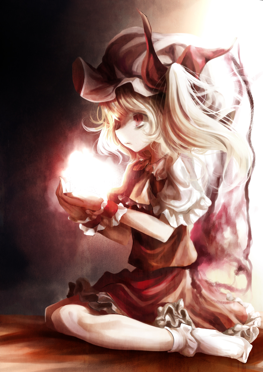 1girl blonde_hair bobby_socks cravat expressionless flandre_scarlet frilled_skirt frills from_side glowing_hands gradient gradient_background hands_together hat hat_ribbon highres indoors kurona looking_to_the_side mob_cap no_shoes profile red_eyes red_skirt red_vest ribbon short_hair side_ponytail sitting skirt skirt_set socks solo touhou vest wariza white_legwear wings wrist_cuffs