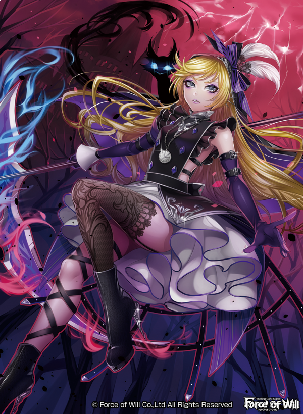 1girl blonde_hair blue_eyes boots bow building cat clock copyright_name electricity feathers force_of_will gloves high_heel_boots high_heels jewelry long_hair matsurika_youko necklace official_art piercing scythe solo teeth thigh-highs tree veil violet_eyes