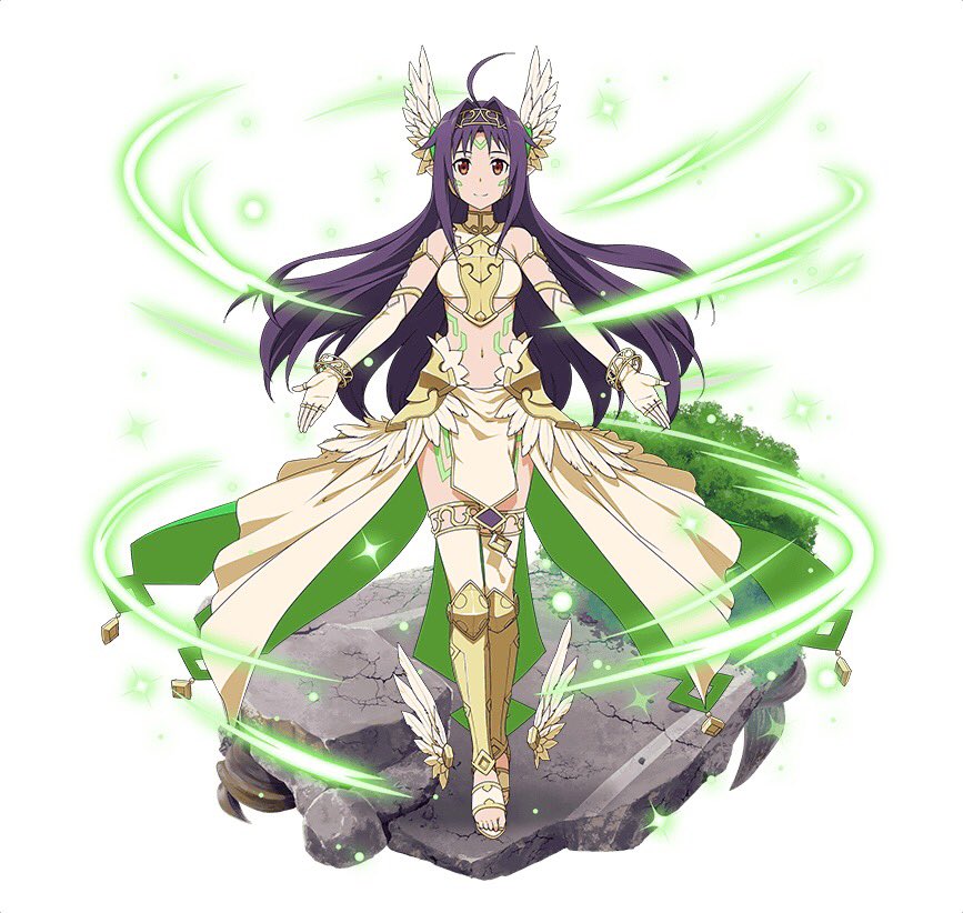 1girl ahoge bracelet elbow_gloves fingerless_gloves floating_hair full_body gloves hair_ornament jewelry long_hair looking_at_viewer midriff navel purple_hair red_eyes simple_background smile solo standing stomach sword_art_online thigh-highs very_long_hair white_background white_gloves white_legwear yuuki_(sao)