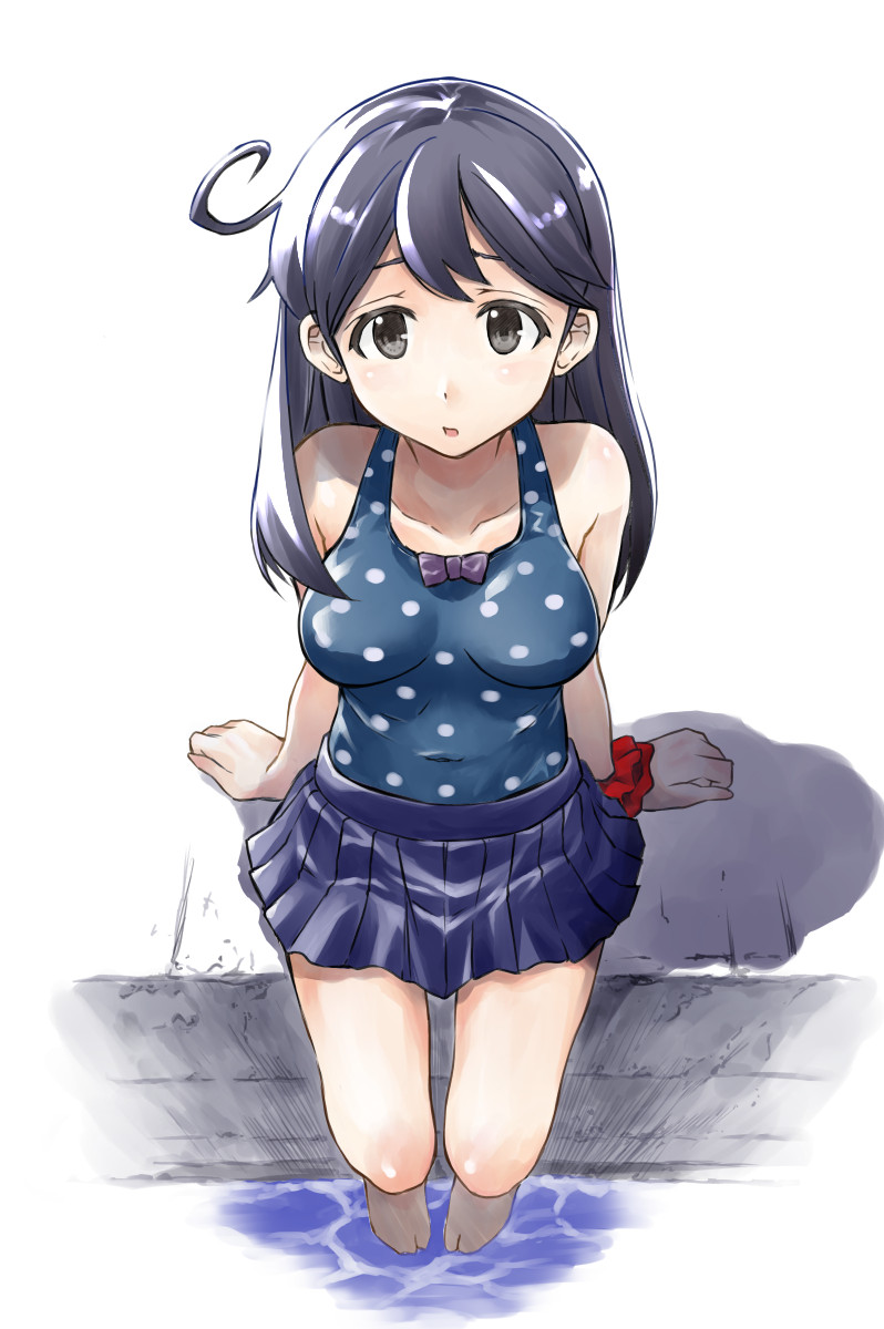 10s 1girl akito_(pixiv3623507) black_hair blue_skirt blue_swimsuit breasts from_above grey_eyes highres kantai_collection long_hair looking_at_viewer ocean one-piece_swimsuit polka_dot polka_dot_swimsuit shadow shipyard sitting skirt solo swimsuit ushio_(kantai_collection) water