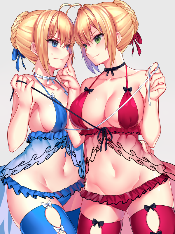&gt;:) 2girls ahoge arm artoria_pendragon_(all) babydoll bangs bare_arms bare_shoulders black_neckwear black_ribbon blue_bikini blue_eyes blue_legwear blue_swimsuit bow braid breasts cleavage closed_mouth collarbone couple eye_contact fate/extra fate/stay_night fate_(series) female finger_to_another's_cheek finger_to_cheek frilled_bikini frilled_swimsuit frills gendo0032 green_eyes grey_background hair_intakes hair_ribbon halterneck highres holding index_finger_raised large_breasts looking_at_another medium_breasts midriff multiple_girls naughty_face navel neck panties red_bikini red_legwear red_ribbon red_swimsuit ribbon ribbon_choker saber saber_extra see-through short_hair side-by-side sideboob simple_background smile standing stomach sweat thigh-highs type-moon underwear underwear_only white_choker white_ribbon yuri