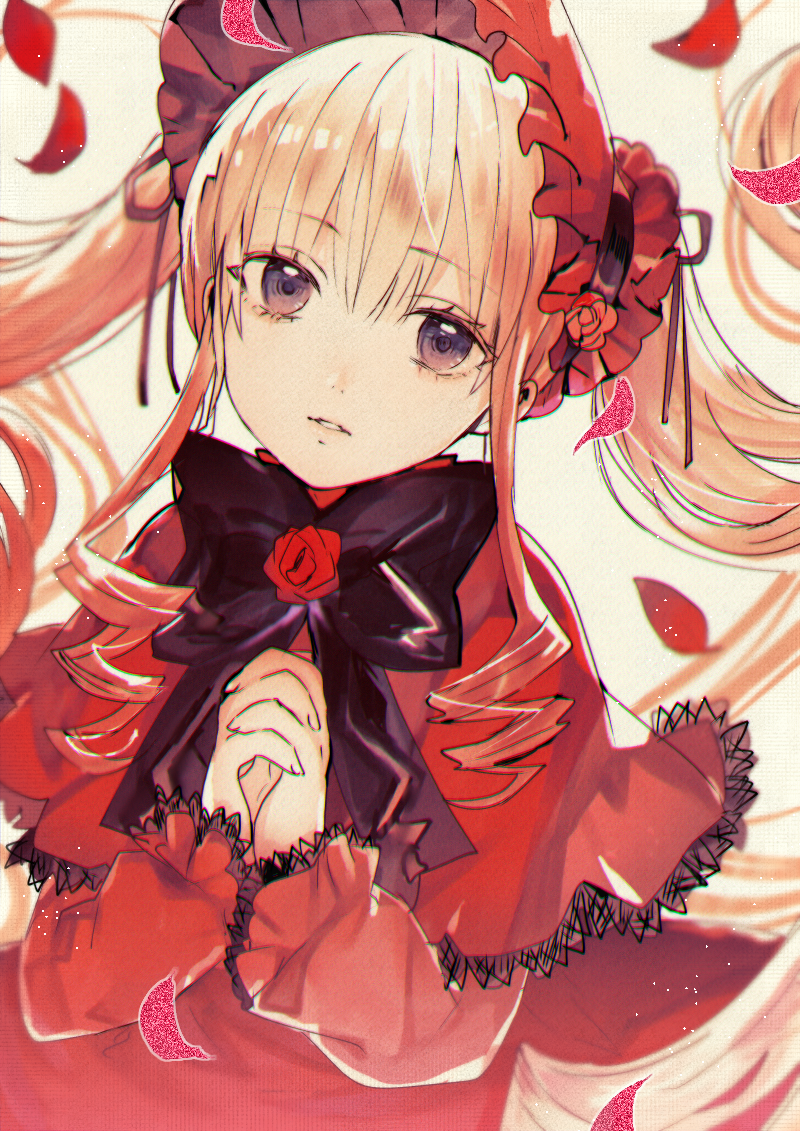 1girl black_bow black_neckwear blonde_hair bonnet bow bowtie dress drill_hair expressionless eyebrows_visible_through_hair flower hands_clasped hat long_hair long_sleeves looking_at_viewer own_hands_together parted_lips petals poni_(rito) red_dress red_hat red_rose rose rose_petals rozen_maiden shinku sidelocks simple_background solo twin_drills twintails upper_body very_long_hair violet_eyes yellow_background