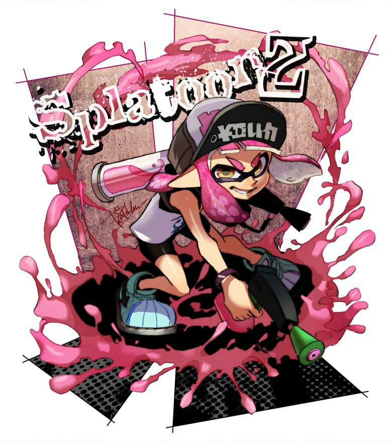 1girl artist_name bangs baseball_cap basketball_jersey bike_shorts black_hat black_shorts blue_footwear blunt_bangs copyright_name domino_mask full_body grin hat holding holding_weapon inkling inkling_(language) isamu-ki_(yuuki) looking_at_viewer mask paint_splatter pointy_ears shirt shoes short_hair shorts signature smile solo splat_dualies_(splatoon) splatoon splatoon_2 standing tentacle_hair weapon white_shirt