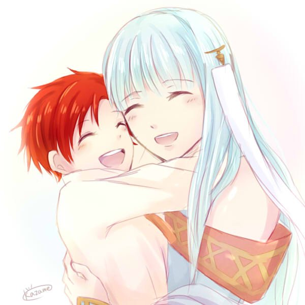 1boy 1girl baby bare_shoulders blue_hair closed_eyes dress fire_emblem fire_emblem:_rekka_no_ken fire_emblem:_seisen_no_keifu hair_ornament kazame long_hair mamkute mother_and_son ninian open_mouth redhead roy_(fire_emblem) short_hair silver_hair smile younger