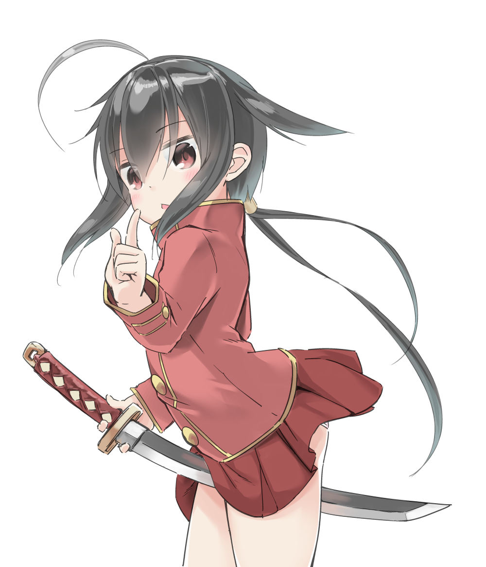 1girl ahoge aruma_(sawayaka_tokuko_miruku) between_legs black_hair blush chestnut_mouth commentary_request cowboy_shot eyebrows_visible_through_hair from_side hair_between_eyes hair_flaps holding holding_sword holding_weapon huge_ahoge index_finger_raised jacket jitome katana long_hair long_sleeves looking_at_viewer looking_to_the_side low_ponytail original outstretched_arm panties panty_peek parted_lips pleated_skirt red_eyes red_jacket red_skirt sidelocks simple_background skirt solo standing sword underwear very_long_hair weapon white_background white_panties