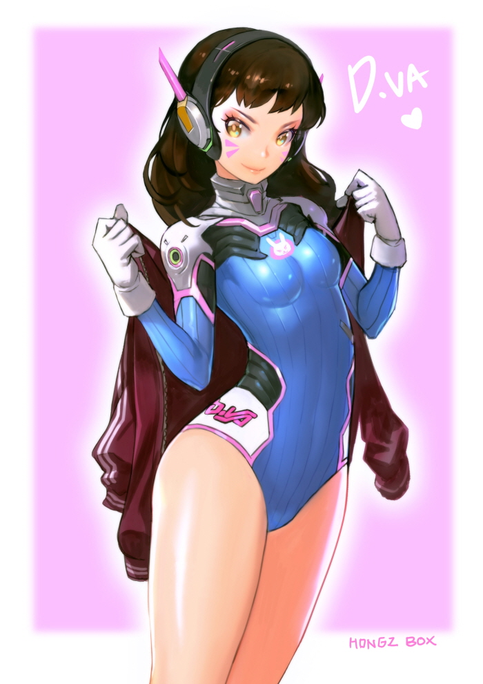 1girl adapted_costume animal_print artist_name bangs blue_leotard breasts brown_hair bunny_print character_name clothes_writing cowboy_shot d.va_(overwatch) facepaint facial_mark gloves headphones heart high_collar hongz jacket leotard long_hair looking_at_viewer medium_breasts overwatch purple_background removing_jacket ribbed_leotard shoulder_pads signature skin_tight solo swept_bangs whisker_markings white_border white_gloves yellow_eyes