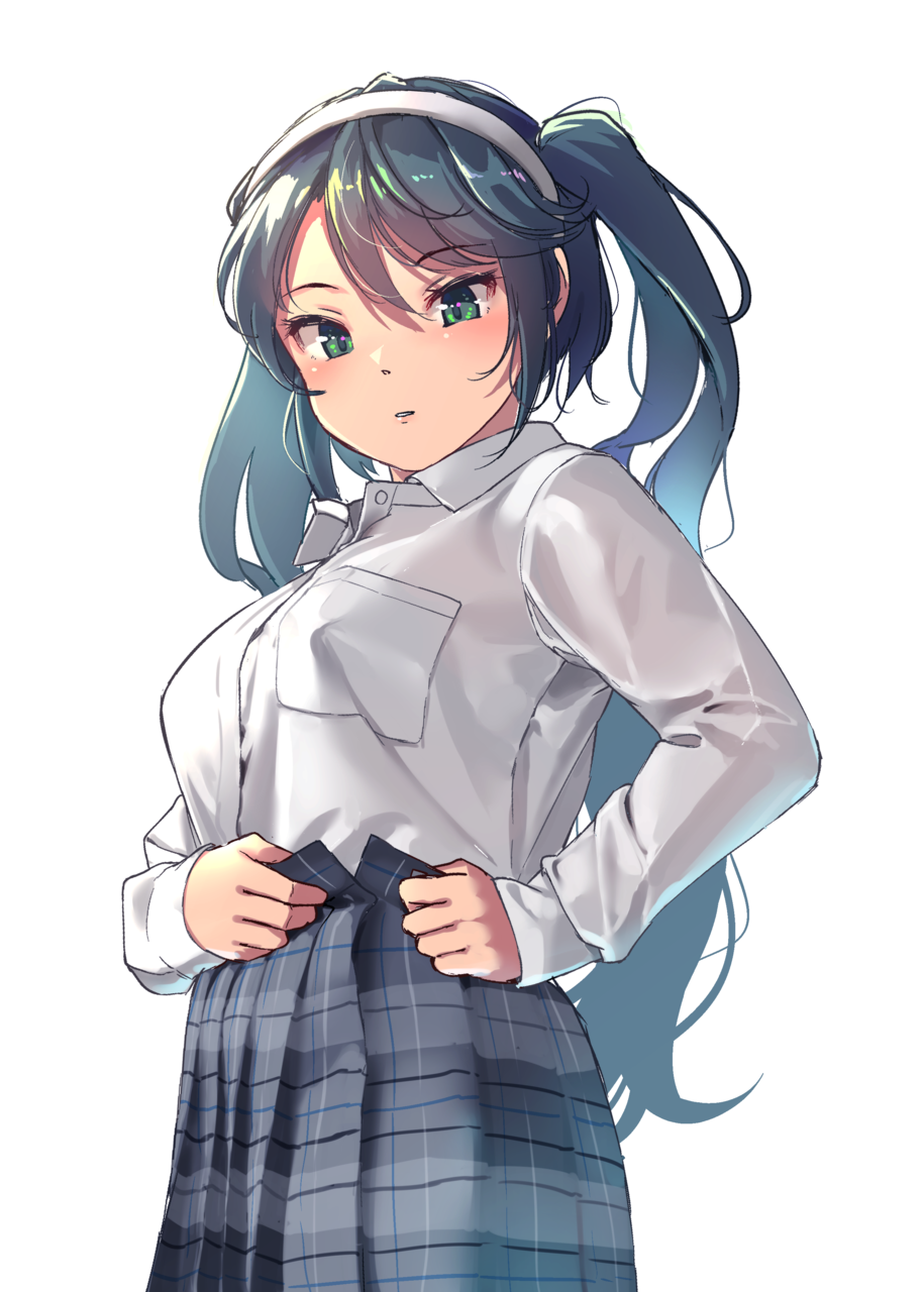 10s 1girl blue_hair bra breasts dress_shirt dressing eyebrows_visible_through_hair from_below green_eyes hairband highres isuzu_(kantai_collection) kantai_collection long_hair long_sleeves looking_at_viewer medium_breasts open_fly parted_lips plaid plaid_skirt pleated_skirt satsuki_neko see-through shirt simple_background skirt sleeves_past_wrists solo twintails underwear white_background