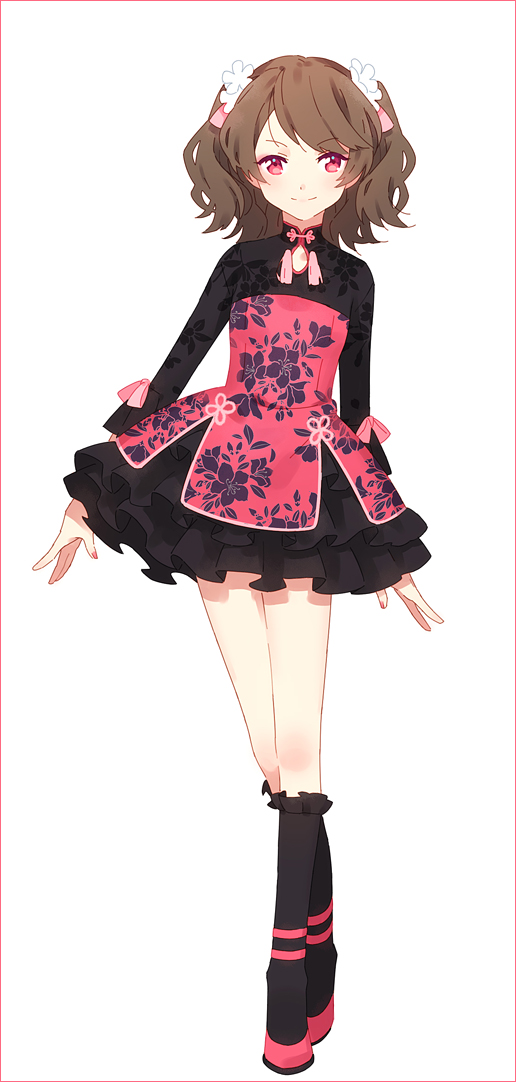 1girl bangs black_legwear black_skirt brown_hair chinese_clothes closed_mouth eyebrows_visible_through_hair flats full_body hakusai_(tiahszld) kneehighs legs_crossed looking_at_viewer original pink_shoes shoes simple_background skirt smile solo standing swept_bangs twintails violet_eyes white_background