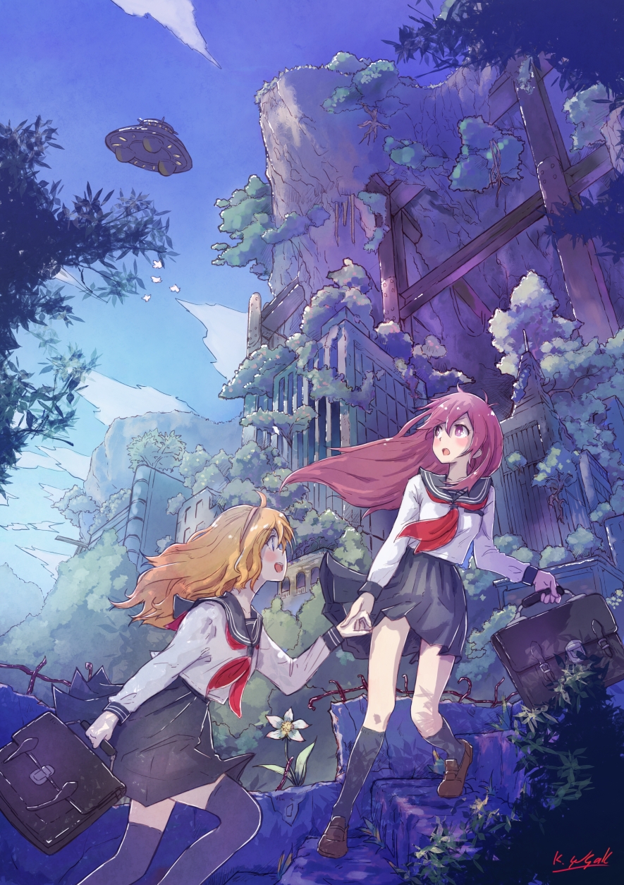 2girls blonde_hair blue_eyes hand_holding highres kagawa_yuusaku long_hair multiple_girls original outdoors pink_eyes pink_hair ruins school_uniform serafuku thigh-highs ufo