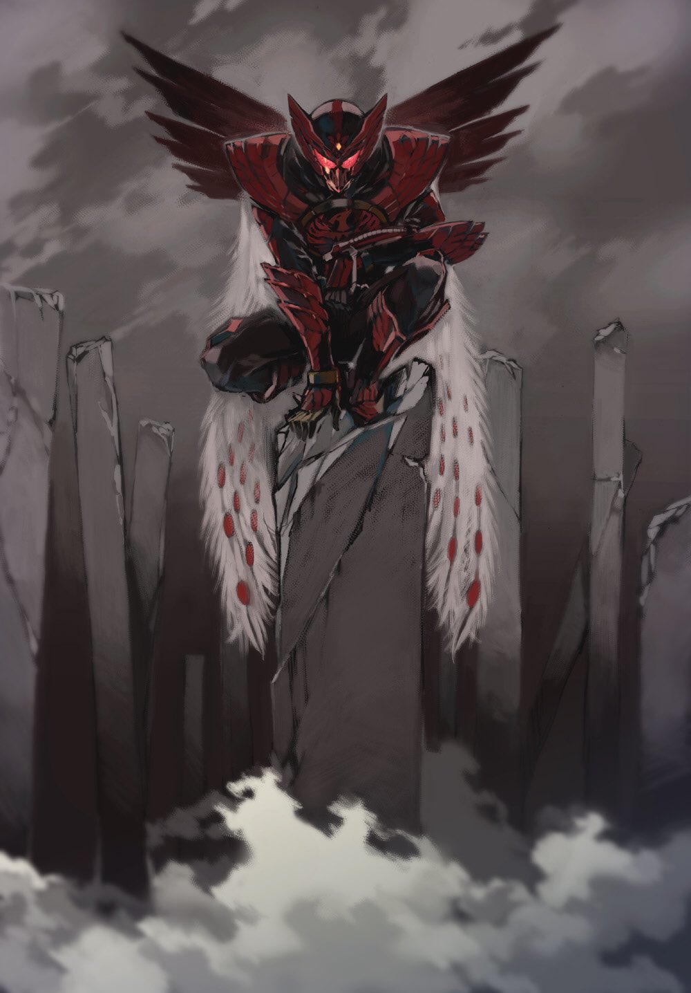 1boy armor clouds commentary_request feathers glowing glowing_eyes grey_sky helmet highres kamen_rider kamen_rider_ooo kamen_rider_ooo_(series) looking_at_viewer pauldrons peacock_feathers red red_eyes shimoguchi_tomohiro sky smoke solo squatting tajador_(ooo_combo) wings
