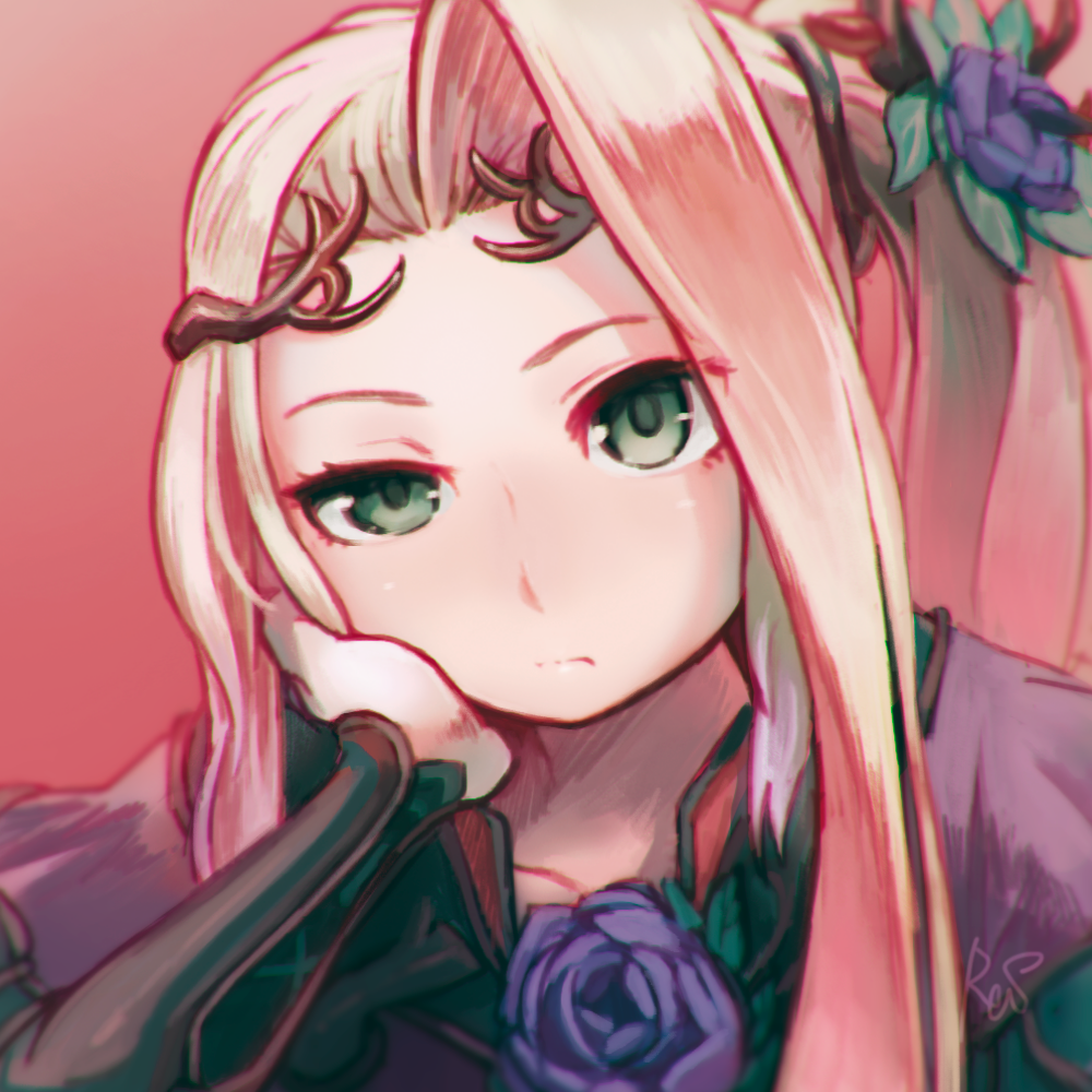 1girl blue_rose chin_rest closed_mouth commentary_request diadem flower green_eyes hair_flower hair_ornament half-closed_eye kid_icarus kid_icarus_uprising long_hair long_sleeves looking_at_viewer nachure one_side_up pink_background purple_robe reiesu_(reis) robe rose signature solo