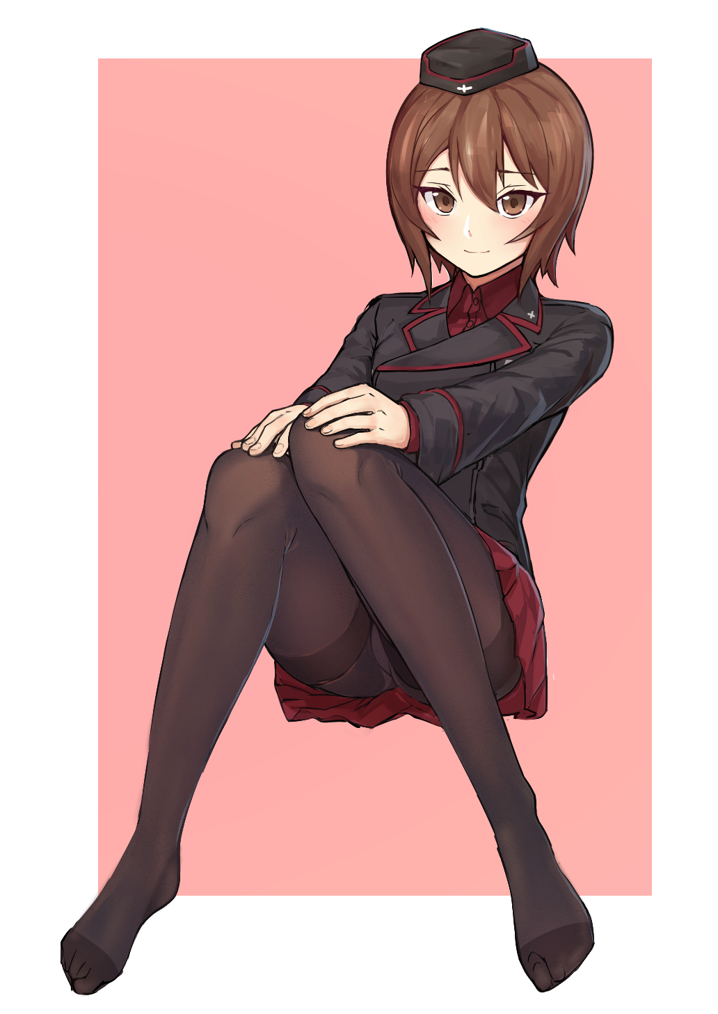 1girl brown_eyes brown_hair full_body girls_und_panzer highres invisible_chair long_sleeves looking_at_viewer nishizumi_maho no_shoes notori_d pink_background red_skirt short_hair simple_background sitting skirt solo