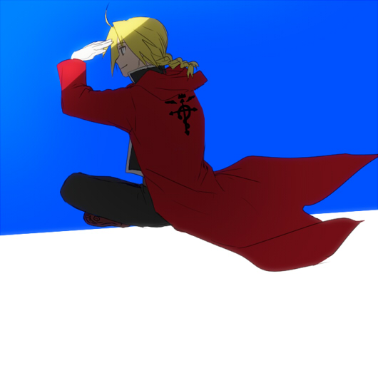 1boy black_shirt blonde_hair blue_background boots braid coat edward_elric fullmetal_alchemist gloves hand_to_forehead legs_crossed looking_away male_focus pants red_coat riru shaded_face shadow shirt sky smile solo_focus sunlight white_background