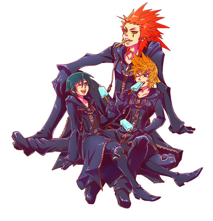 1girl axel_(kingdom_hearts) black_hair blonde_hair blue_eyes breasts cloak gaiya gloves kingdom_hearts kingdom_hearts_358/2_days multiple_boys redhead roxas short_hair xion_(kingdom_hearts)