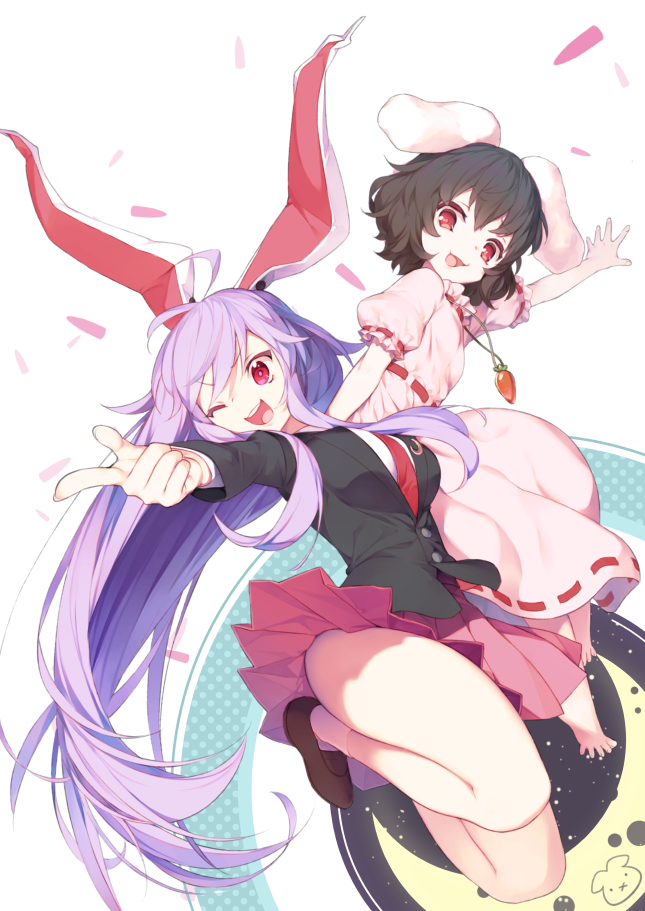 2girls animal_ears bare_legs barefoot black_hair blazer breasts brown_footwear buttons carrot_necklace dress finger_gun harafha inaba_tewi jacket long_hair looking_at_viewer medium_breasts miniskirt multiple_girls necktie one_eye_closed open_mouth pink_dress pink_skirt pleated_skirt puffy_short_sleeves puffy_sleeves purple_hair rabbit_ears red_eyes red_necktie reisen_udongein_inaba ribbon-trimmed_dress shoes short_hair short_sleeves skirt smile socks touhou very_long_hair white_background white_legwear