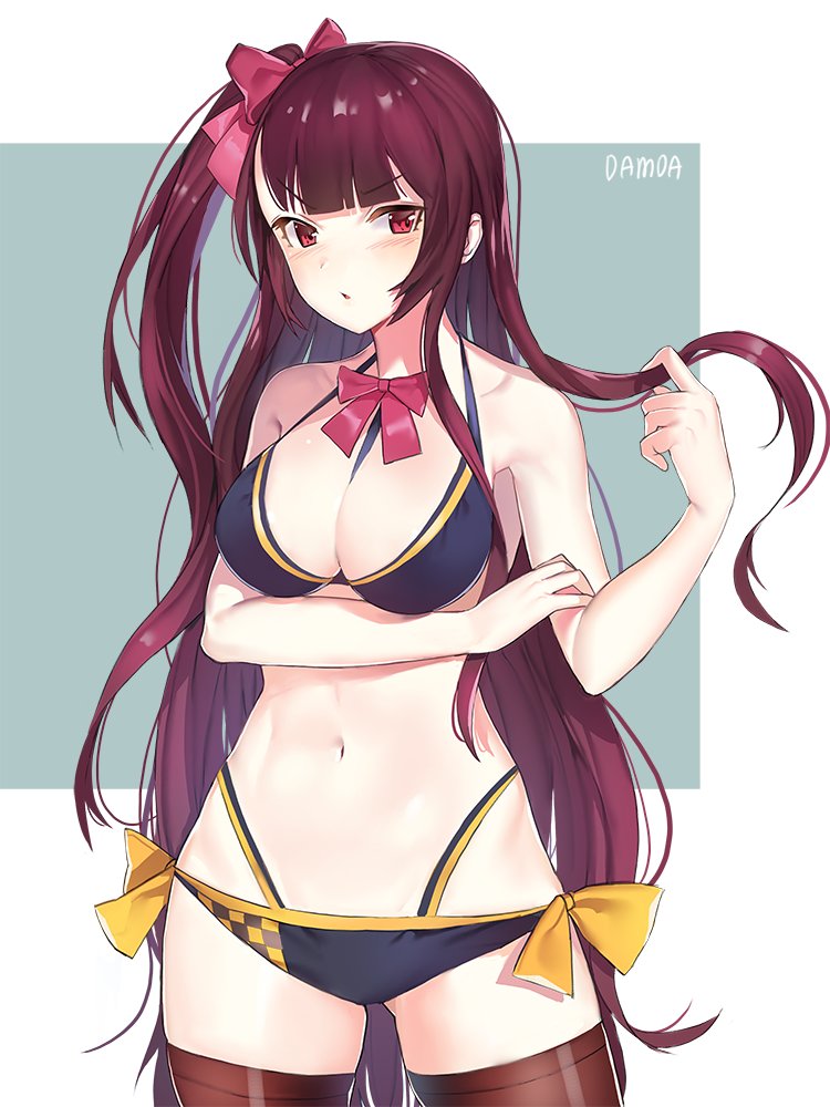 1girl artist_name bangs between_breasts bikini black_bikini blunt_bangs blush bow breasts brown_legwear checkered checkered_bikini cowboy_shot damda eyebrows_visible_through_hair girls_frontline hair_bow hair_twirling large_breasts long_hair looking_at_viewer navel one_side_up parted_lips pink_bow purple_hair side-tie_bikini solo swimsuit thigh-highs thighs tsurime very_long_hair wa2000_(girls_frontline)