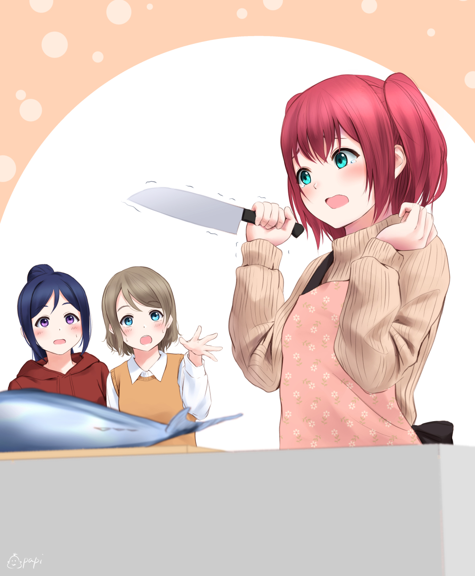 3girls apron bangs blue_eyes blush collared_shirt fish floral_print hand_up holding holding_knife hood hood_down hoodie kitchen_knife knife kurosawa_ruby long_hair long_sleeves love_live! love_live!_sunshine!! matsuura_kanan motion_lines multiple_girls open_mouth papi_(papiron100) parted_lips pink_apron ponytail purple_hair redhead shirt short_hair signature sweat sweater sweater_vest swept_bangs tareme tearing_up tears trembling turtleneck turtleneck_sweater twintails upper_body violet_eyes w_arms watanabe_you wing_collar