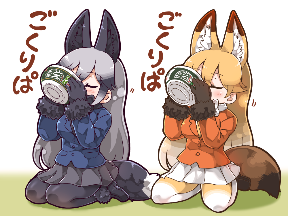 2girls animal_ears black_gloves black_skirt blonde_hair blue_jacket closed_eyes donbee_(food) drinking_from_bowl ezo_red_fox_(kemono_friends) food fox_ears fox_tail gloves gradient_hair gradient_legwear jacket kemono_friends kemonomimi_mode long_hair multicolored_hair multiple_girls orange_jacket pantyhose pleated_skirt product_placement seiza shoes silver_fox_(kemono_friends) silver_hair sitting skirt tail tanaka_kusao white_skirt