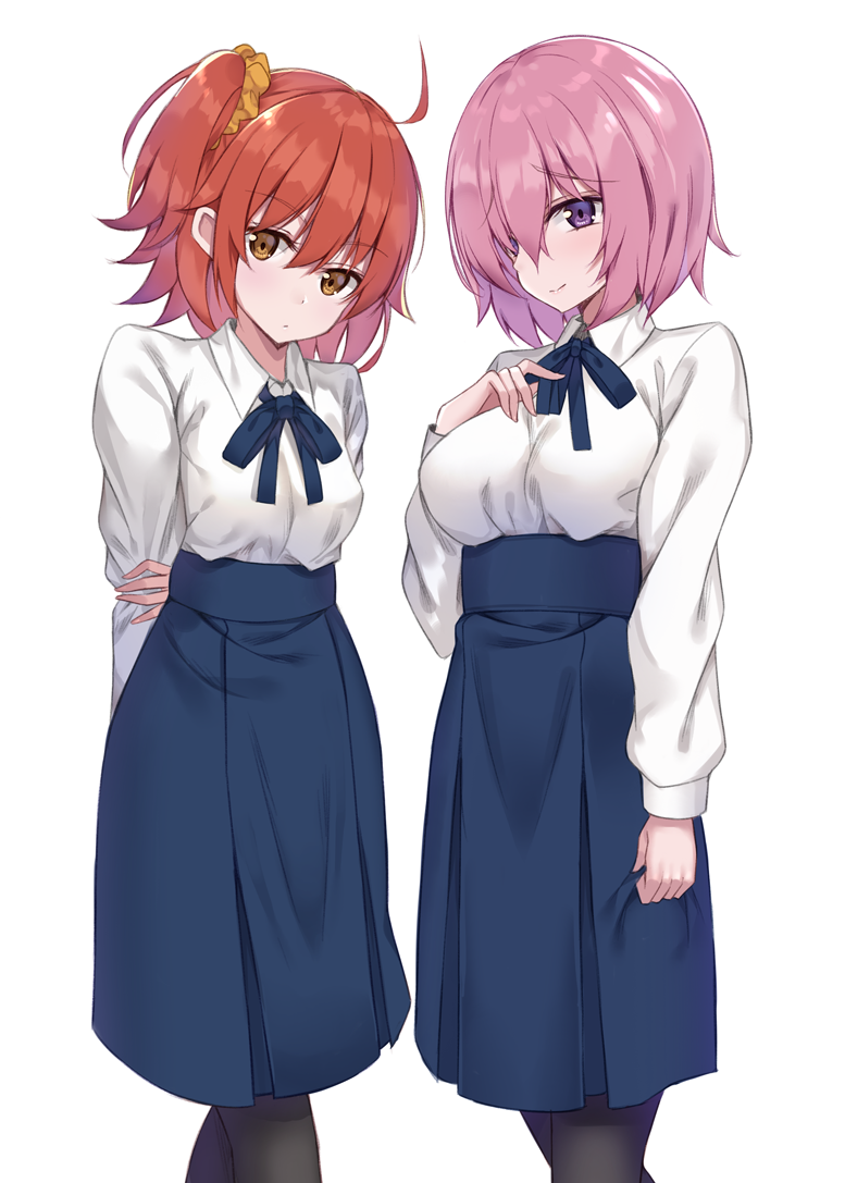 2girls ahoge arm_at_side arm_grab arms_behind_back bangs black_legwear blouse blue_bow blue_neckwear blue_skirt blush bow bowtie breasts brown_eyes brown_hair closed_mouth collared_shirt eyebrows_visible_through_hair fate/grand_order fate/stay_night fate_(series) female fujimaru_ritsuka_(female) hair_between_eyes hair_ornament hair_over_one_eye hair_scrunchie hand_on_own_chest hand_up head_tilt high-waist_skirt highres kanikou lavender_hair long_skirt long_sleeves looking_at_viewer medium_breasts multiple_girls neck pantyhose pleated_skirt saber saber_(cosplay) scrunchie shielder_(fate/grand_order) shirt short_hair side-by-side side_ponytail sidelocks simple_background skirt small_breasts smile standing tareme tsurime type-moon violet_eyes white_background white_blouse white_shirt