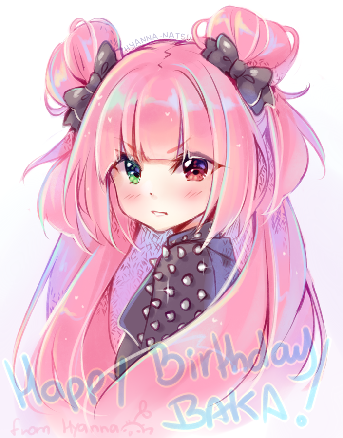 1girl artist_name bangs blunt_bangs blush borrowed_character bow double_bun eyebrows_visible_through_hair furrowed_eyebrows glint green_eyes hair_bow happy_birthday heterochromia hyanna-natsu long_hair looking_at_viewer looking_to_the_side original pink_hair red_eyes shoulder_spikes simple_background solo spikes upper_body white_background