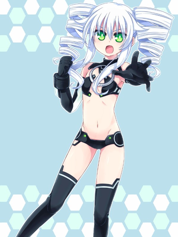 1girl black_sister blush drill_hair elbow_gloves flat_chest gloves green_eyes long_hair looking_at_viewer navel neptune_(series) solo symbol-shaped_pupils thigh-highs twin_drills white_hair