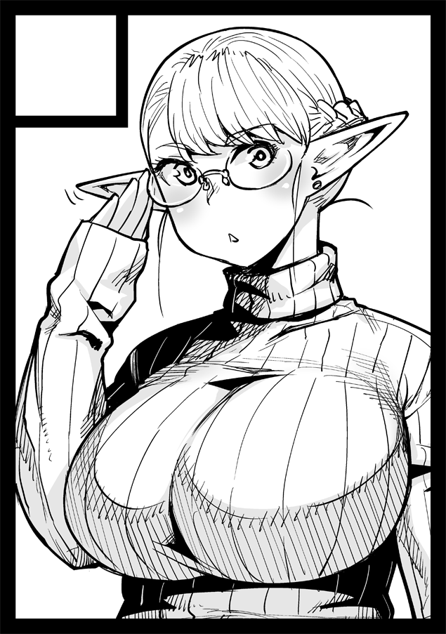 1girl black_border border breasts circle_cut cropped elf elf-san_wa_yaserarenai. erufuda-san glasses hand_on_own_cheek huge_breasts looking_at_viewer open_mouth plump pointy_ears simple_background solo sweater synecdoche