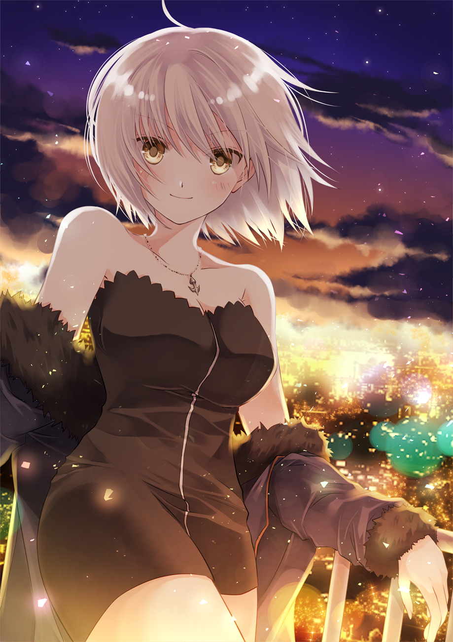 1girl bare_shoulders blonde_hair breasts cleavage eyebrows_visible_through_hair fate/apocrypha fate/grand_order fate_(series) fur_trim headpiece highres iroha_(shiki) jacket jeanne_alter jewelry looking_at_viewer medium_breasts necklace night night_sky ruler_(fate/apocrypha) short_hair sky smile yellow_eyes