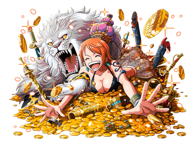 1girl :d black_bra bodskih bra bracelet breasts cleavage closed_eyes coin collarbone earrings jewelry large_breasts nami_(one_piece) one_piece open_mouth orange_hair outstretched_arms short_hair smile solo sparkle sword tattoo transparent_background underwear weapon