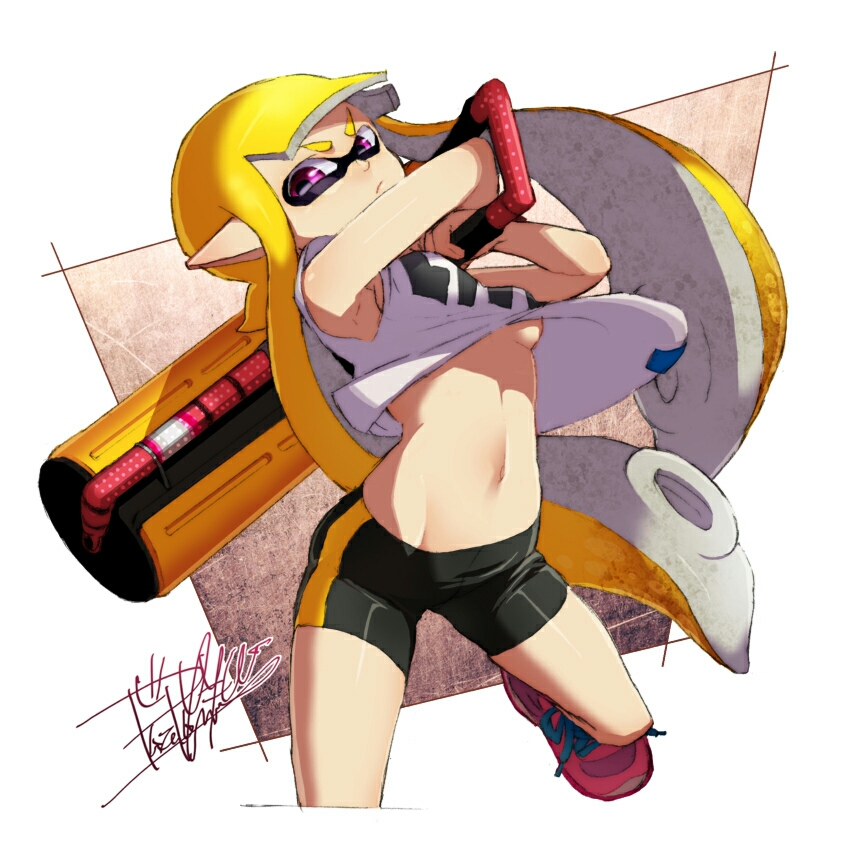 1girl arms_behind_back artist_name bangs bike_shorts black_shorts blonde_hair blunt_bangs breasts carbon_roller_(splatoon) closed_mouth cowboy_shot cropped_legs cross-laced_footwear domino_mask frown glaring holding holding_weapon inkling isamu-ki_(yuuki) long_hair looking_at_viewer mask midriff navel no_bra pink_shoes pointy_ears shirt shirt_lift shoes short_sleeves shorts sideboob signature single_vertical_stripe small_breasts sneakers solo splatoon standing standing_on_one_leg t-shirt tentacle_hair under_boob upshirt weapon white_shirt