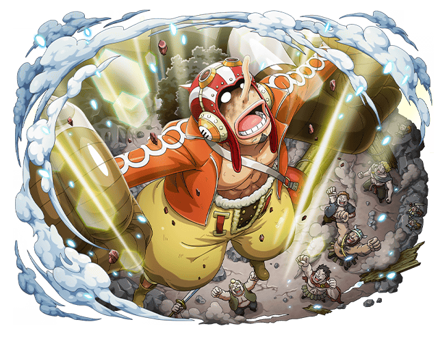 blank_eyes bodskih boots brown_footwear glasses_on_head helmet jacket long_nose multiple_boys one_piece open_clothes open_jacket open_mouth orange_jacket outstretched_arms pants pink_lips solo_focus usopp yellow_pants