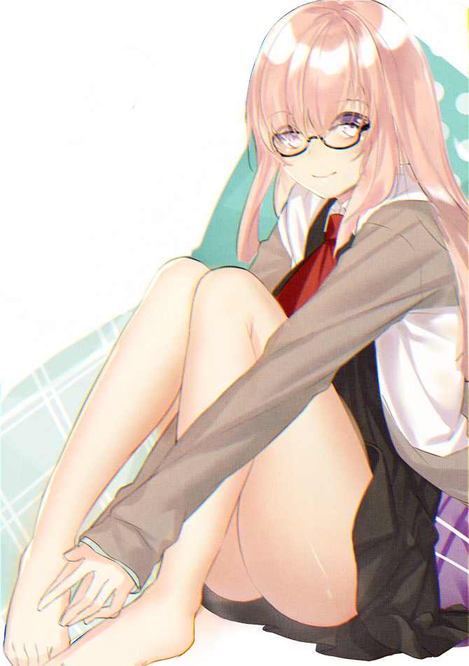 1girl alternate_hair_length alternate_hairstyle bangs bare_legs barefoot black-framed_eyewear black_dress blush closed_mouth dhfz181 dress fate/grand_order fate_(series) hair_over_one_eye hood hoodie long_hair looking_at_viewer open_clothes open_hoodie pink_hair shielder_(fate/grand_order) short_dress sidelocks smile solo thighs violet_eyes