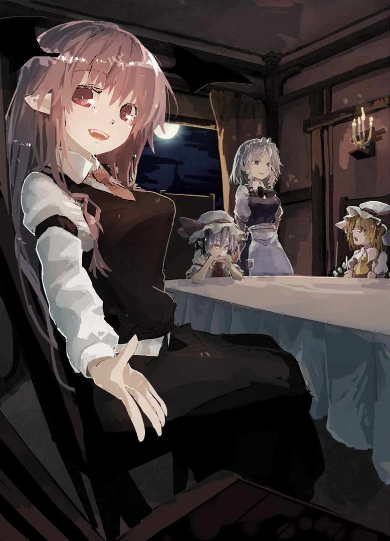 4girls apron ascot black_skirt blonde_hair blue_eyes braid breasts candle chair chin_rest demon_wings fangs flandre_scarlet full_moon futatsuki_eru hat hat_ribbon head_wings indoors izayoi_sakuya koakuma lavender_hair long_sleeves looking_at_viewer maid_headdress medium_breasts mob_cap moon multiple_girls necktie night night_sky open_mouth pointy_ears pov puffy_long_sleeves puffy_short_sleeves puffy_sleeves reaching_out red_eyes red_necktie red_ribbon redhead remilia_scarlet ribbon short_sleeves silver_hair sitting skirt skirt_set sky smile standing table touhou twin_braids vest waist_apron white_hat wing_collar wings