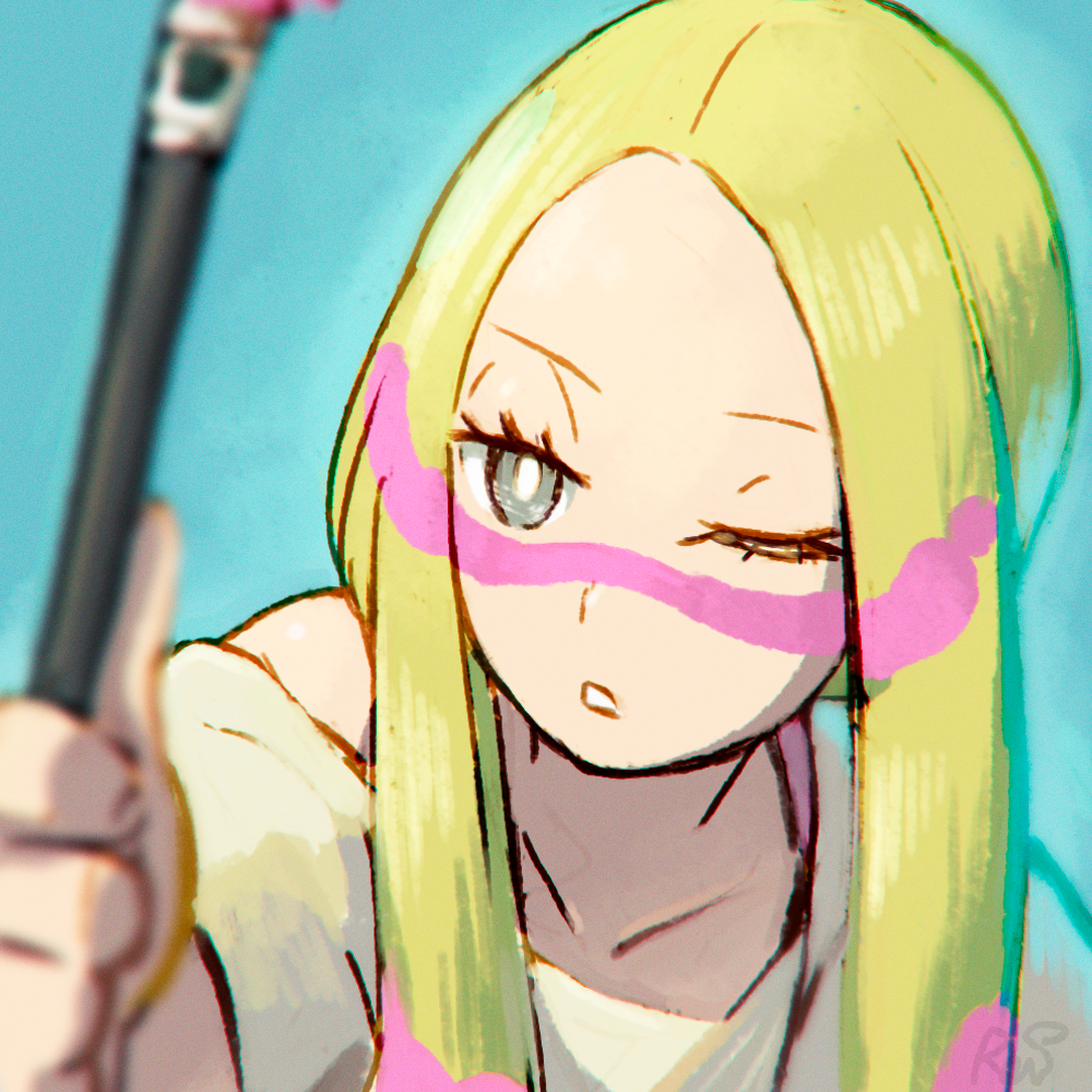 1girl aiming bare_shoulders blonde_hair blue_background blurry blurry_foreground close-up commentary_request depth_of_field facepaint grey_eyes long_hair matsurika_(pokemon) off_shoulder one_eye_closed parted_lips pokemon pokemon_(game) pokemon_sm reiesu_(reis) shirt solo white_shirt