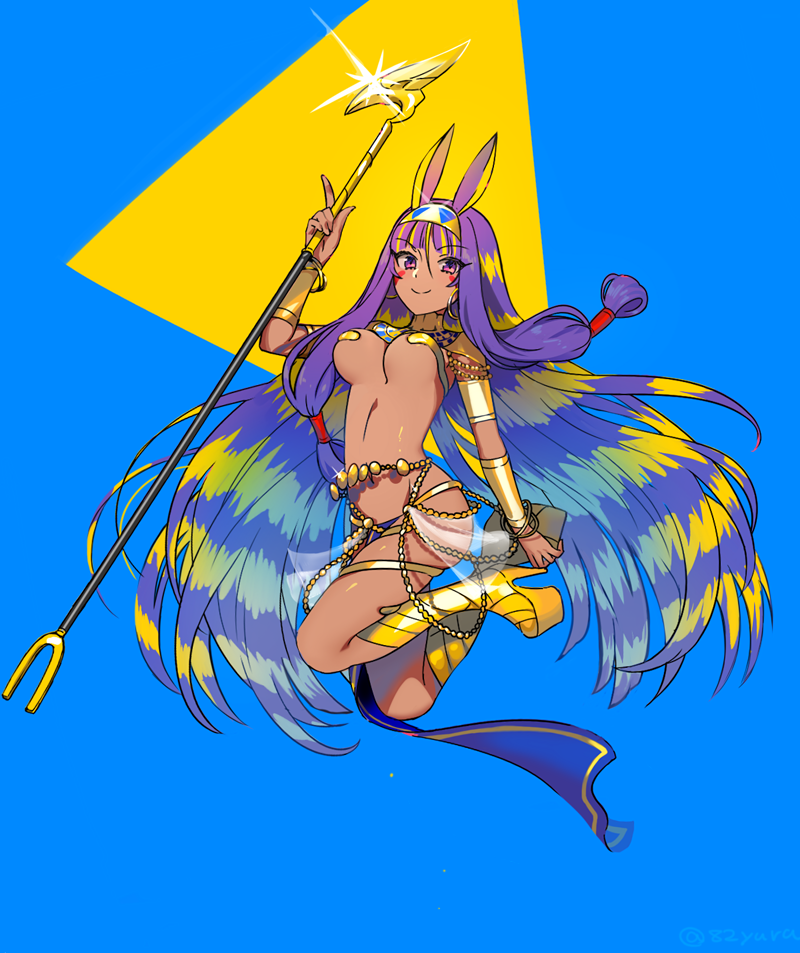 1girl armlet bangs blue_background blunt_bangs boots bracelet breasts earrings egyptian_clothes fate/grand_order fate_(series) gold hips jewelry knee_boots knees_up long_hair looking_at_viewer medium_breasts nitocris_(fate/grand_order) pelvic_curtain pink_eyes platform_boots purple_hair see-through sidelocks smile solo sparkle staff stomach tagme thighs two-tone_background very_long_hair waist yellow_background yellow_boots yuura