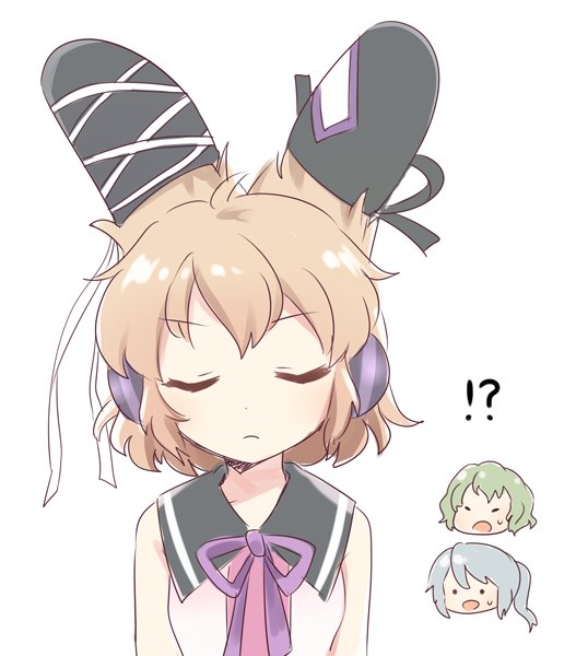 !? 3girls bangs blonde_hair blue_hair closed_eyes closed_mouth earmuffs eyebrows_visible_through_hair green_hair hat hat_removed headwear_removed madanai_(morisumeshi) mononobe_no_futo multiple_girls neck_ribbon open_mouth pointy_hair ponytail purple_ribbon ribbon short_hair simple_background sleeveless soga_no_tojiko sweat tate_eboshi touhou toyosatomimi_no_miko white_background