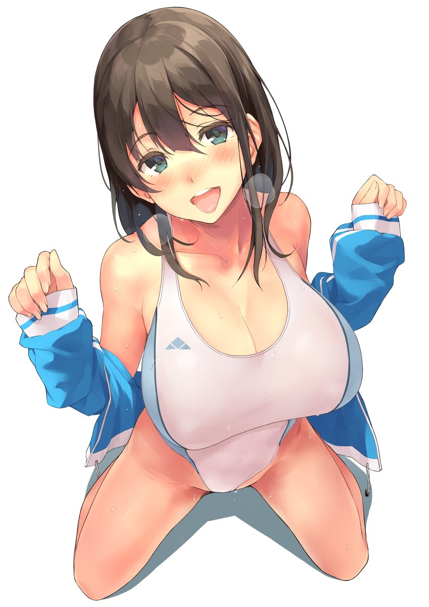 1girl black_hair blue_jacket breasts breath cleavage competition_swimsuit from_above full_body green_eyes highres jacket kekemotsu kneeling large_breasts one-piece_swimsuit open_mouth original short_hair simple_background solo swimsuit tongue tongue_out white_background white_swimsuit