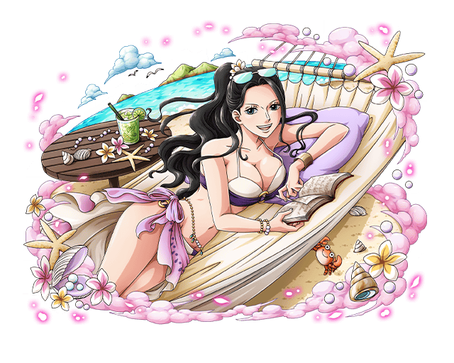 1girl :d bikini bird black_hair blue_eyes bodskih book bracelet breasts cleavage collarbone glasses glasses_on_head island jewelry large_breasts long_hair looking_at_viewer lying navel nico_robin on_side one_piece open_book open_mouth pink_flower sarong smile solo stomach sunglasses sunglasses_on_head swimsuit thighs tied_hair transparent_background water